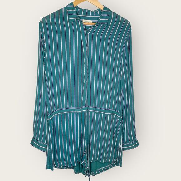 Urban Outfitters Silence + Noise Benji Striped Button-Down Romper Medium Green - Picture 4 of 10